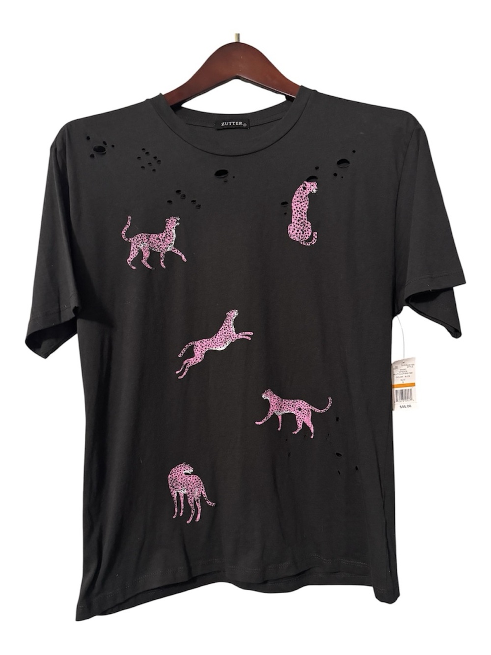 NWT Zutter Charcoal Distressed Pink Cheetah Graphic Tee